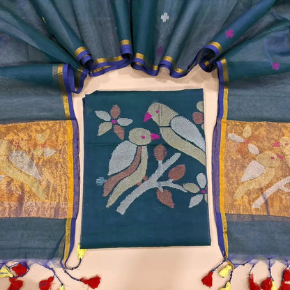 Teal Green Muslin Jamdani unstitched salwar material, heavy hand Weaving yoke (Thin, Lining Needed) NO BOTTOM, Jamdani woven full length dupatta with paithani weaving on pallu and handamde tassels. OC251906