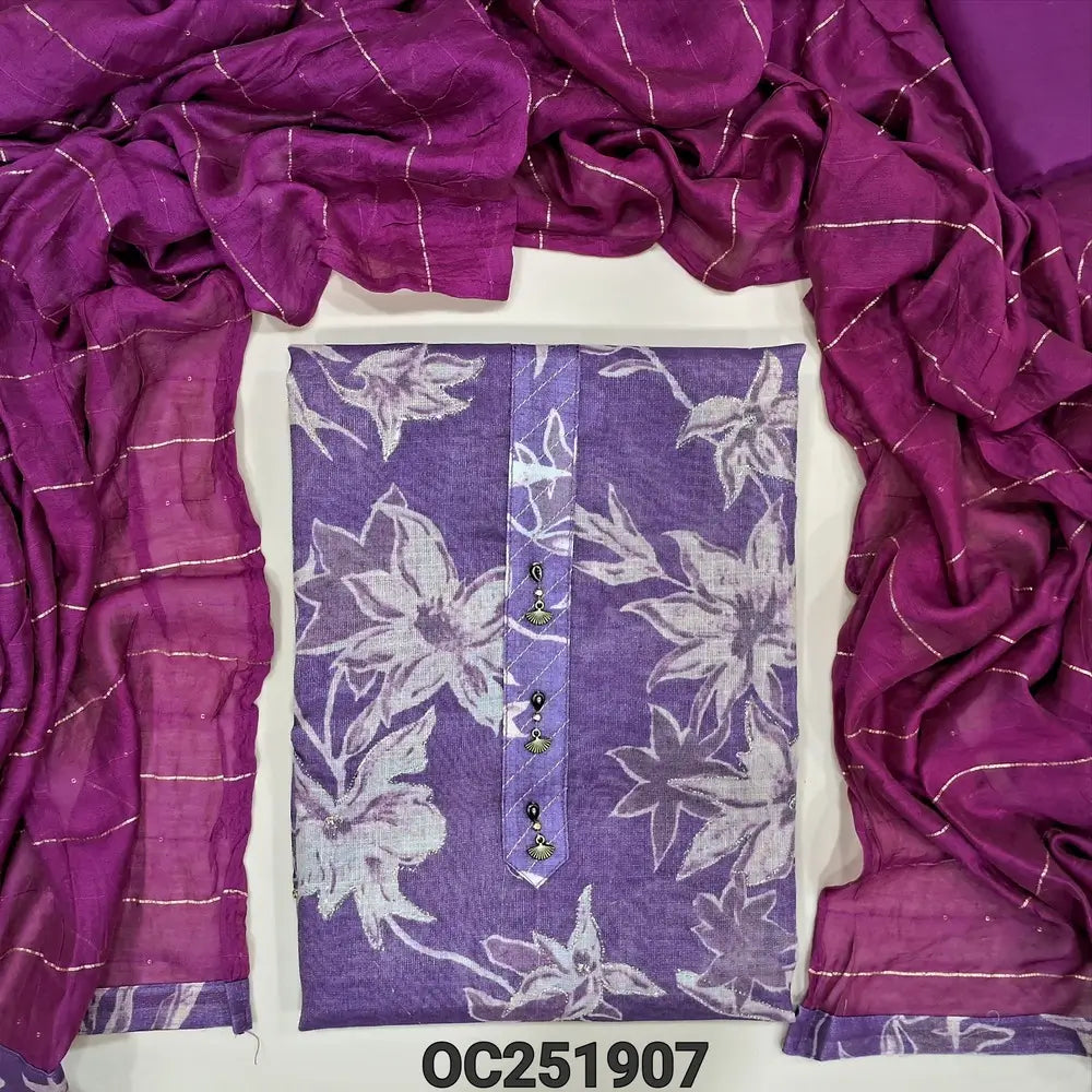 Floral printed purple tissue silk cotton unstitched salwar material(thin, lining needed) simple yoke, zari lines on front, bright pink cotton bottom, zari lines fancy silk cotton shorth width dupatta. OC251907