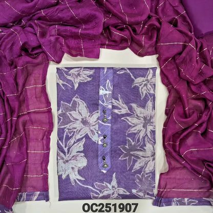 Floral printed purple tissue silk cotton unstitched salwar material(thin, lining needed) simple yoke, zari lines on front, bright pink cotton bottom, zari lines fancy silk cotton shorth width dupatta. OC251907