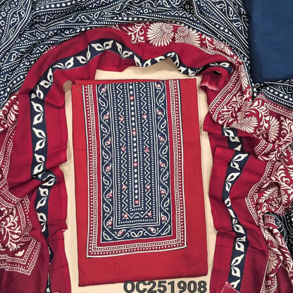 Red Rayon unstitched salwar material(flowy, lining optional) print, faux mirror work on yoke, blue spun cotton bottom, printed rayon full length dupatta. OC250908