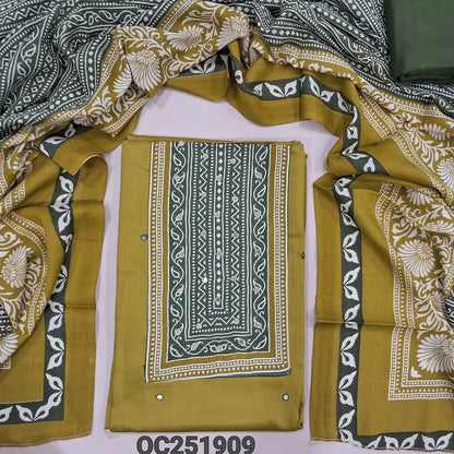 Mehandhi Yellow Rayon unstitched salwar material(flowy, lining optional) print, faux mirror work on yoke, olive green spun cotton bottom, printed rayon full length dupatta. OC251909