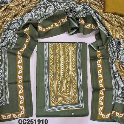 Olive Green Rayon unstitched salwar material(flowy , lining optional) print, faux mirror work on yoke, mehandhi yellow spun cotton bottom, printed rayon full length dupatta. OC251910