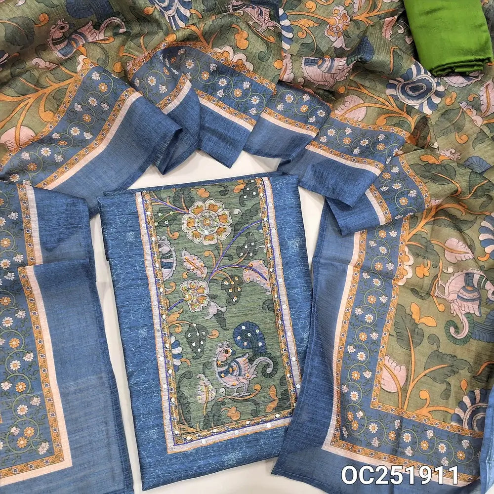 Digital printed Blue tussar silk unstitched salwar material (textured, lining needed) kalamkari work on yoke, mossy green silk cotton bottom, digital printed tussar silk dupatta. OC251911