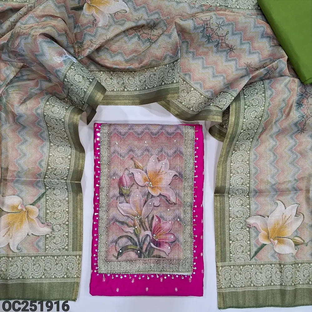 Bright Pink fancy silk cotton unstitched salwar material(thin, lining needed) digital floral printed on yoke, zari buttas allover, mossy green cotton bottom, digital floral printed tissue silk cotton dupatta. OC251916