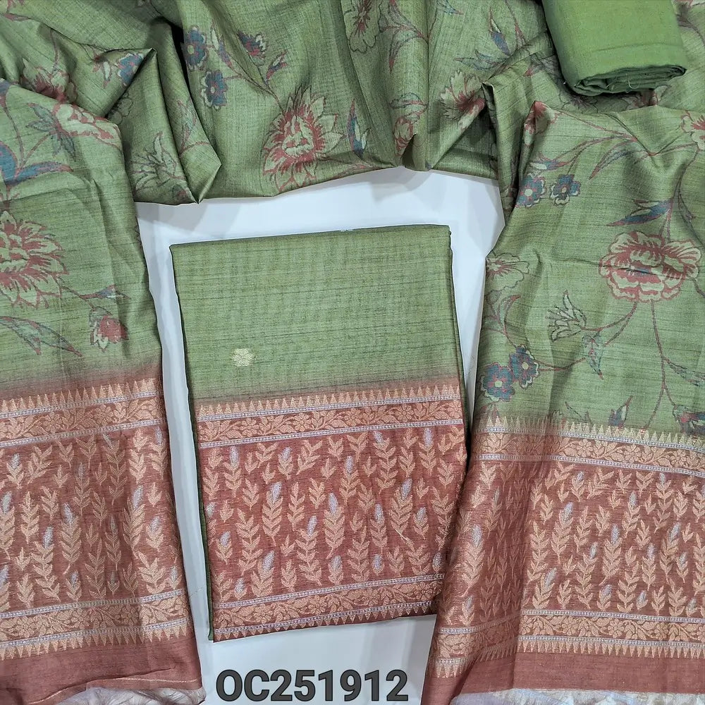 Digital printed Light sage Green premium silk cotton unstitched salwar material(thin, lining needed), heavy banarasi weaving on daman, matching santoon bottom, dual shaded printed  banarasi weaving silk cotton full length dupatta. OC251912