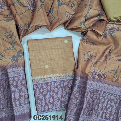 Digital printed Yellowish Beige premium silk cotton unstitched salwar material(thin, lining needed), heavy banarasi weaving on daman, matching santoon bottom, dual shaded printed  banarasi weaving silk cotton full length dupatta. OC251914
