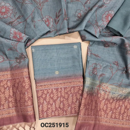 Digital printed Bluish Grey premium silk cotton unstitched salwar material(thin, lining needed), heavy banarasi weaving on daman, matching santoon bottom, dual shaded printed  banarasi weaving silk cotton full length dupatta. OC251915