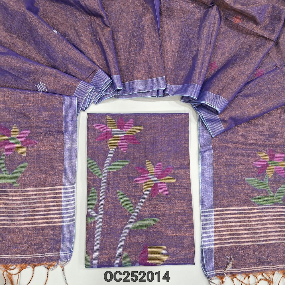 Purple with golden tint designer jamdani woven pure tissue linen unstitched salwar material(thin, lining needed), NO BOTTOM, jamdani woven pure tissue linen dupatta with tissue borders& tassels. OC252014