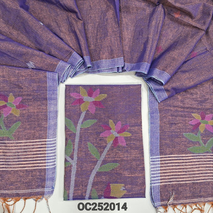 Purple with golden tint designer jamdani woven pure tissue linen unstitched salwar material(thin, lining needed), NO BOTTOM, jamdani woven pure tissue linen dupatta with tissue borders& tassels. OC252014