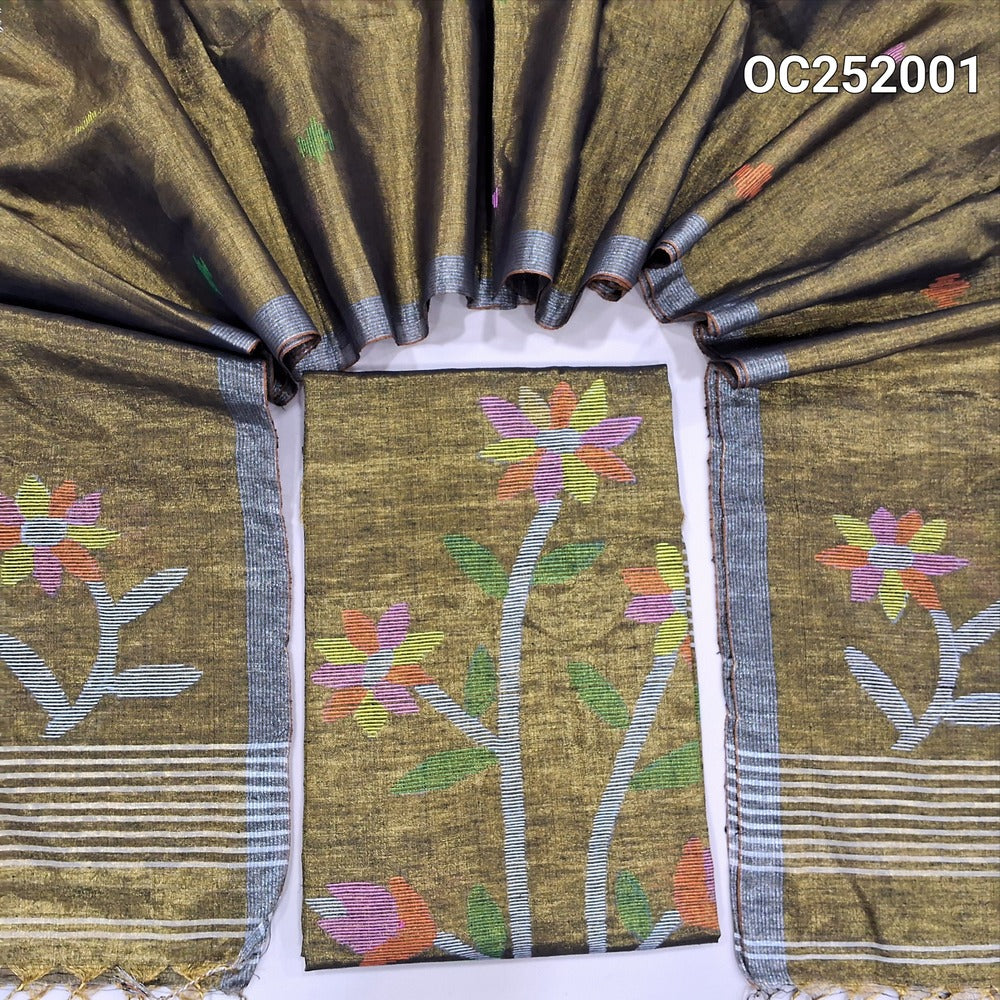 Mehandhi Green with golden tint designer jamdani woven pure tissue linen unstitched salwar material(thin, lining needed), NO BOTTOM, jamdani woven pure tissue linen dupatta with tissue borders& tassels. OC252001