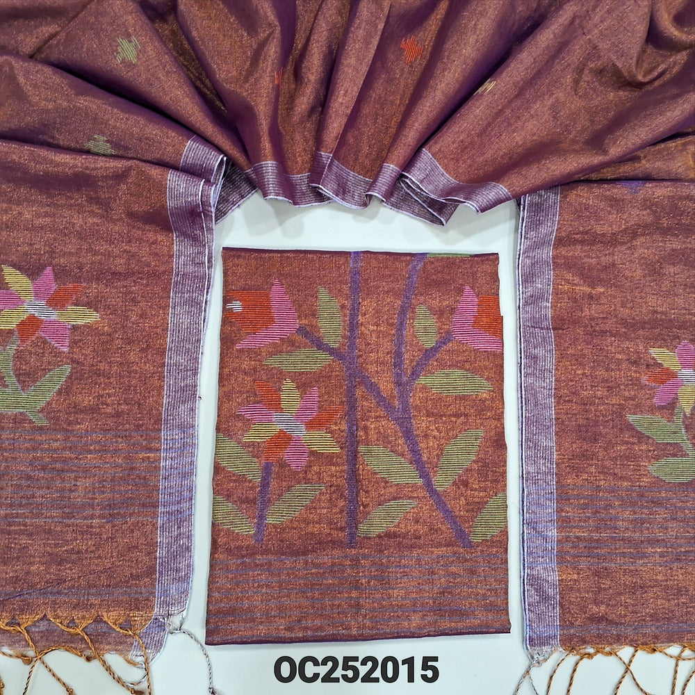 Bright Pink with golden tint designer jamdani woven pure tissue linen unstitched salwar material(thin, lining needed), NO BOTTOM, jamdani woven pure tissue linen dupatta with tissue borders& tassels. OC252015