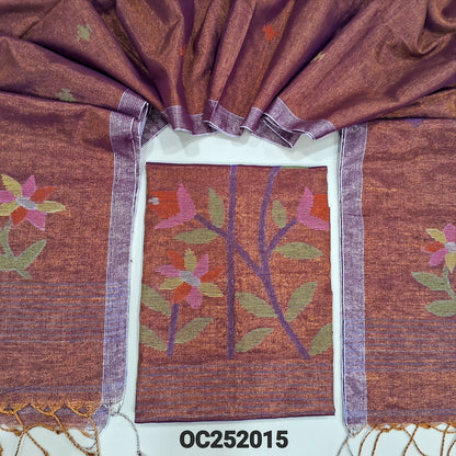 Bright Pink with golden tint designer jamdani woven pure tissue linen unstitched salwar material(thin, lining needed), NO BOTTOM, jamdani woven pure tissue linen dupatta with tissue borders& tassels. OC252015