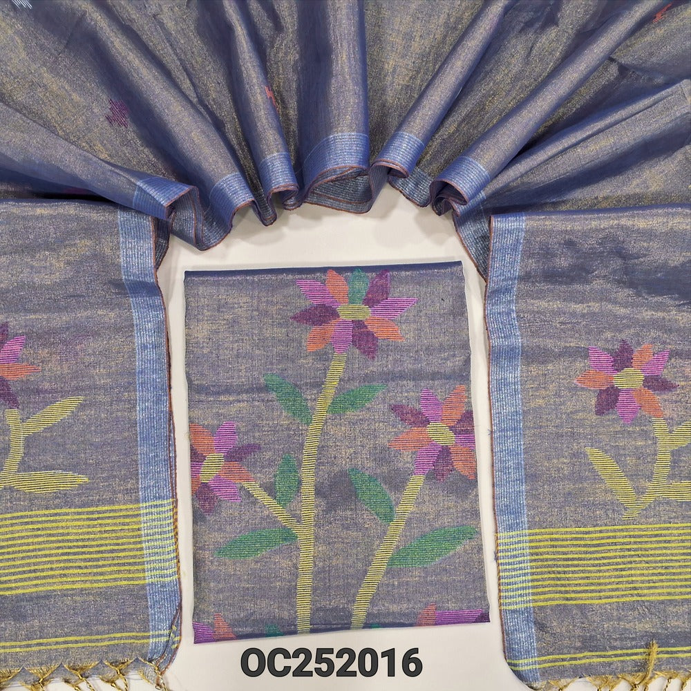 Blue with golden tint designer jamdani woven pure tissue linen unstitched salwar material(thin, lining needed), NO BOTTOM, jamdani woven pure tissue linen dupatta with tissue borders& tassels. OC252016