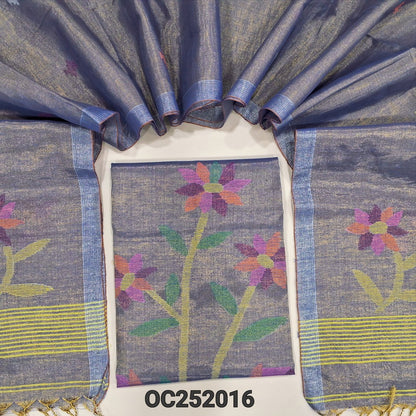 Blue with golden tint designer jamdani woven pure tissue linen unstitched salwar material(thin, lining needed), NO BOTTOM, jamdani woven pure tissue linen dupatta with tissue borders& tassels. OC252016