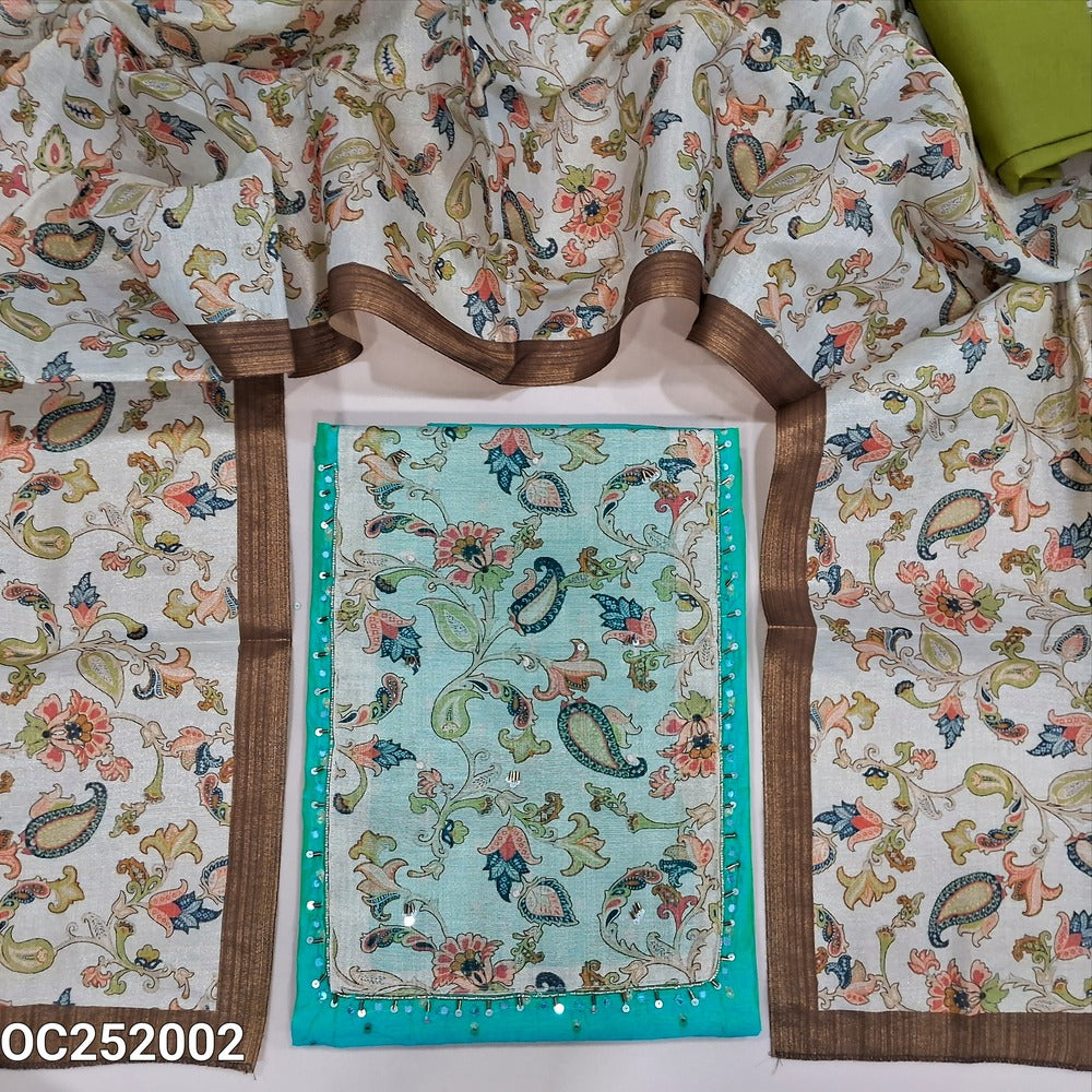 Turquoise Green fancy silk cotton unstitched salwar material(thin, lining needed) zari buttas on front, digital floral print on yoke, mossy green cotton bottom, digital printed tissue silk cotton dupatta. OC252002
