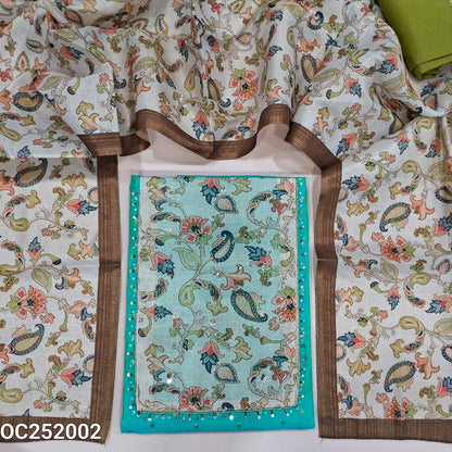 Turquoise Green fancy silk cotton unstitched salwar material(thin, lining needed) zari buttas on front, digital floral print on yoke, mossy green cotton bottom, digital printed tissue silk cotton dupatta. OC252002