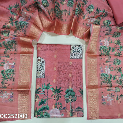 Digital printed peachish Pink silk cotton unstitched salwar material(thin, lining needed) zari woven buttas allover, matching spun cotton bottom, digital printed slub silk cotton dupatta with banarasi borders. OC252003