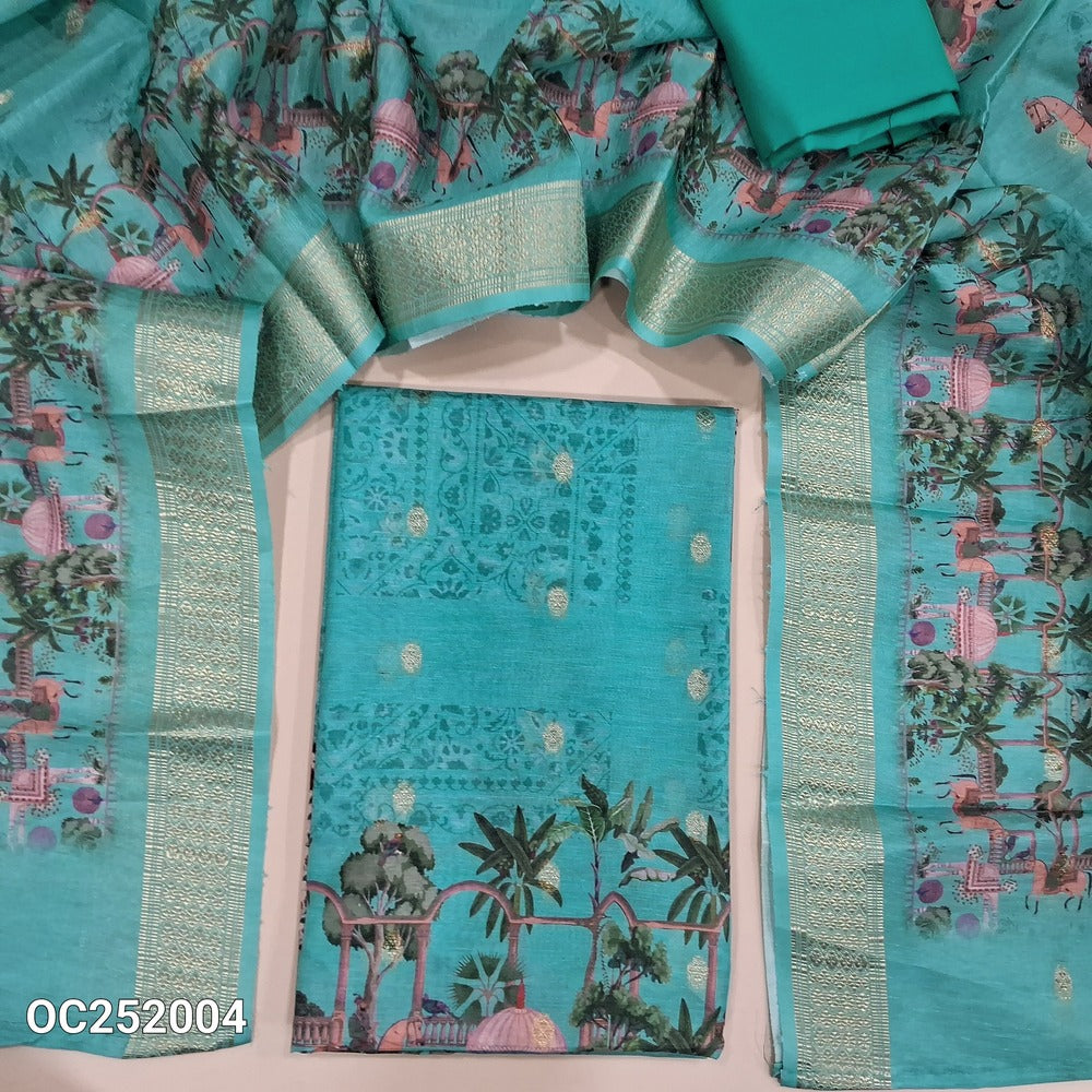 Digital printed pastel Blue silk cotton unstitched salwar material(thin, lining needed) zari woven buttas allover, matching spun cotton bottom, digital printed slub silk cotton dupatta with banarasi borders. OC252004