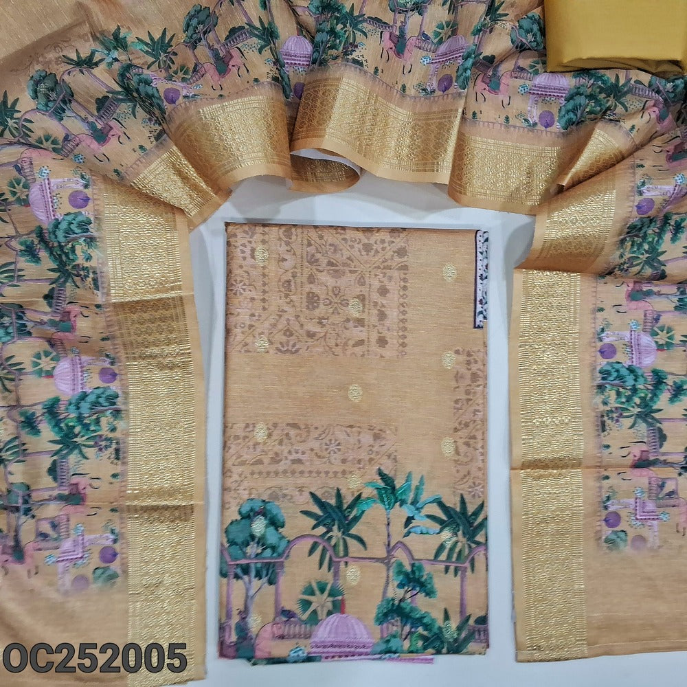 Digital printed Beige silk cotton unstitched salwar material(thin, lining needed) zari woven buttas allover, matching spun cotton bottom, digital printed slub silk cotton dupatta with banarasi borders. OC252005