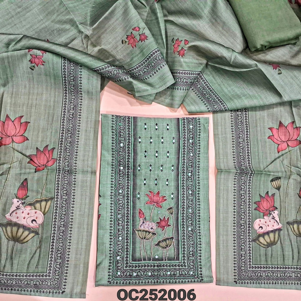 Digital Printed sage Green silk cotton unstitched salwar material(thin, lining needed) pichwai, zardozi work on yoke, matching santoon bottom, digital printed silk cotton dupatta. OC252006