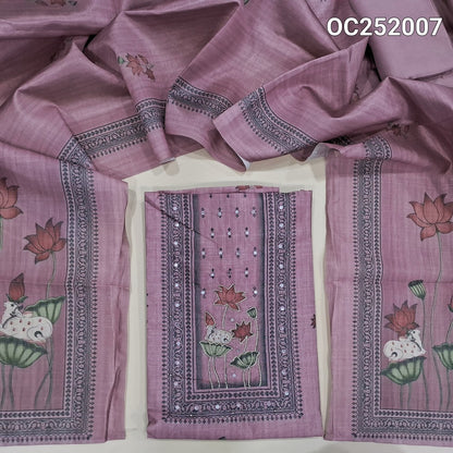 Digital Printed Pink silk cotton unstitched salwar material(thin, lining needed) pichwai, zardozi work on yoke, matching santoon bottom, digital printed silk cotton dupatta. OC252007