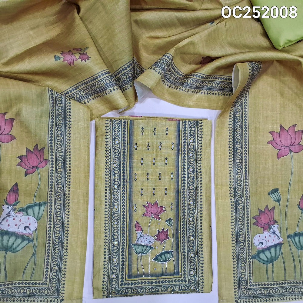 Digital Printed Mehandhi Yellow silk cotton unstitched salwar material(thin, lining needed) pichwai, zardozi work on yoke, matching santoon bottom, digital printed silk cotton dupatta. OC252008