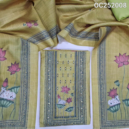 Digital Printed Mehandhi Yellow silk cotton unstitched salwar material(thin, lining needed) pichwai, zardozi work on yoke, matching santoon bottom, digital printed silk cotton dupatta. OC252008