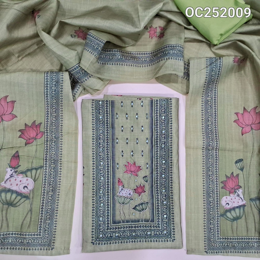 Digital Printed pastel Green silk cotton unstitched salwar material(thin, lining needed) pichwai, zardozi work on yoke, matching santoon bottom, digital printed silk cotton dupatta. OC252009