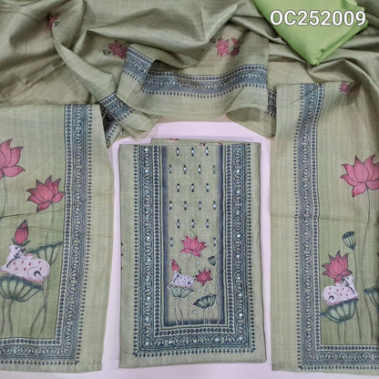 Digital Printed pastel Green silk cotton unstitched salwar material(thin, lining needed) pichwai, zardozi work on yoke, matching santoon bottom, digital printed silk cotton dupatta. OC252009