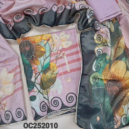 Printed pastel Pink tissue silk cotton unstitched salwar material(thin, lining needed) hand bead work on front, v neck, matching santoon bottom, digital floral printed tissue silk cotton shorth width dupatta. OC252010