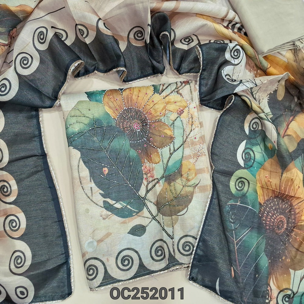 Printed rich Beige tissue silk cotton unstitched salwar material(thin, lining needed) hand bead work on front, v neck, matching santoon bottom, digital floral printed tissue silk cotton shorth width dupatta. OC252011