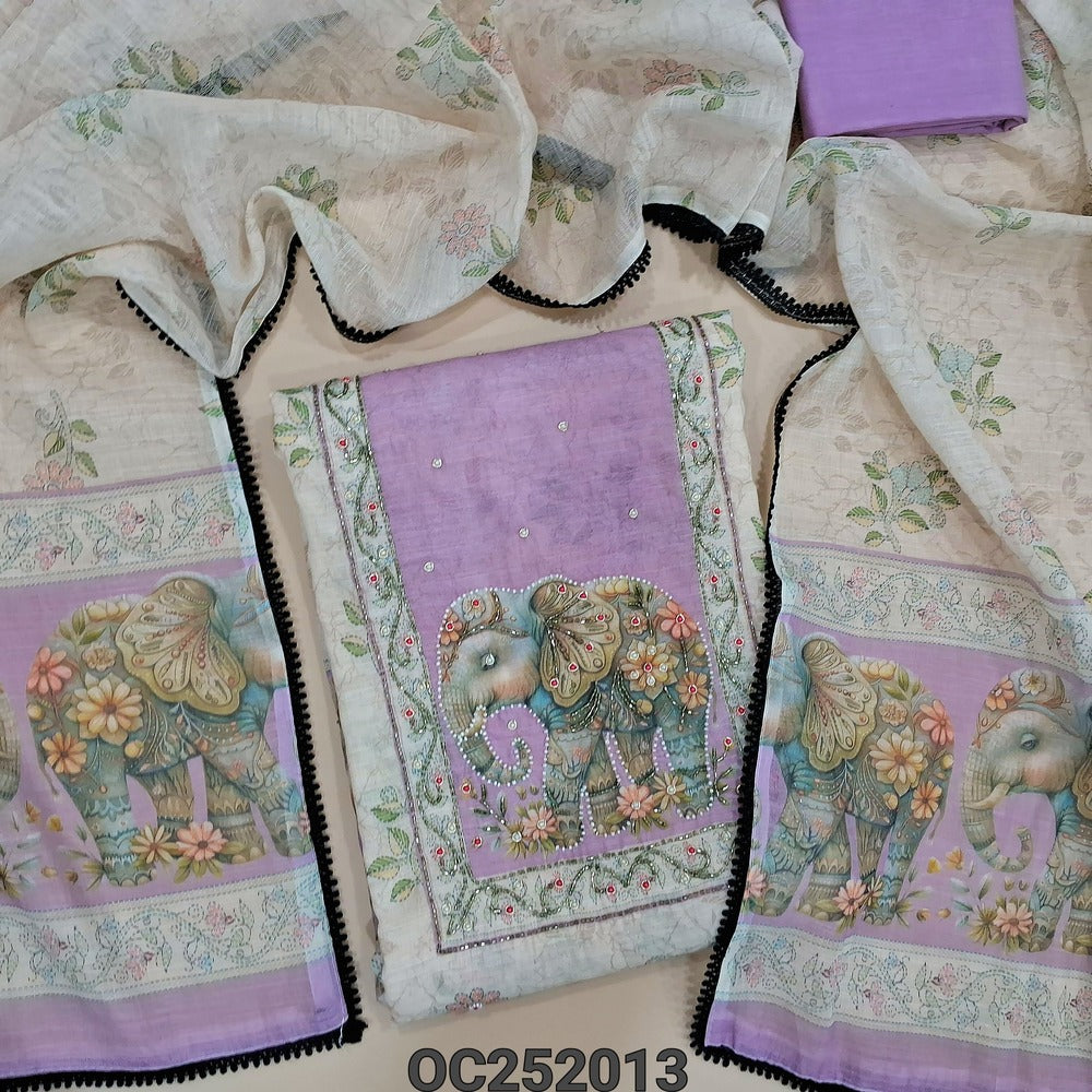 Half White semi Linen unstitched salwar material(thin, lining needed) digital print, bead work on front, lavender cotton bottom,  digital printed semi linen dupatta with tapings. OC252012