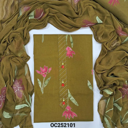 Mehandhi Green pure cotton unstitched salwar material (lining optional) floral printed allover, zari lines & fancy buttons on yoke, matching cotton bottom, brush paint work on chiffon dupatta. OC252101