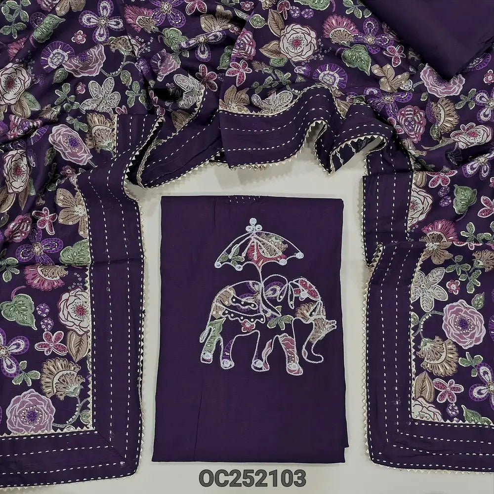 Purple Soft Slub Silk cotton unstitched salwar material (lining optional) v neck, applique work on yoke, spun cotton bottom, digital printed spun cotton dupatta. OC252103