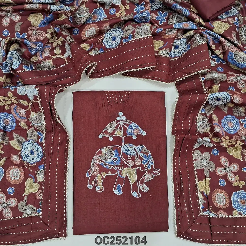 Maroon Soft Slub Silk cotton unstitched salwar material (lining optional) v neck, applique work on yoke, spun cotton bottom, digital printed spun cotton dupatta. OC252104