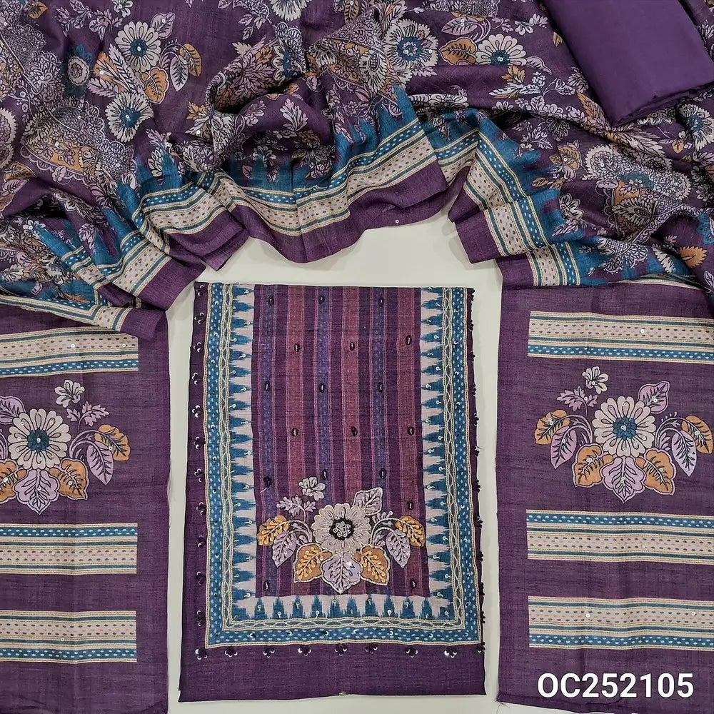 Digital printed Purple Premium tussar silk unstitched salwar material(thin, lining needed) embroidery work on yoke, matching santoon bottom, digital floral printed, sequence work on tussar silk full length dupatta. Oc252105