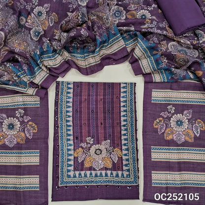 Digital printed Purple Premium tussar silk unstitched salwar material(thin, lining needed) embroidery work on yoke, matching santoon bottom, digital floral printed, sequence work on tussar silk full length dupatta. Oc252105