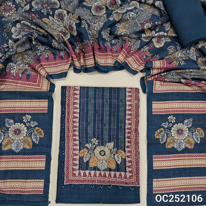 Digital printed Dark Blue Premium tussar silk unstitched salwar material(thin, lining needed) embroidery work on yoke, matching santoon bottom, digital floral printed, sequence work on tussar silk dupatta. Oc252106