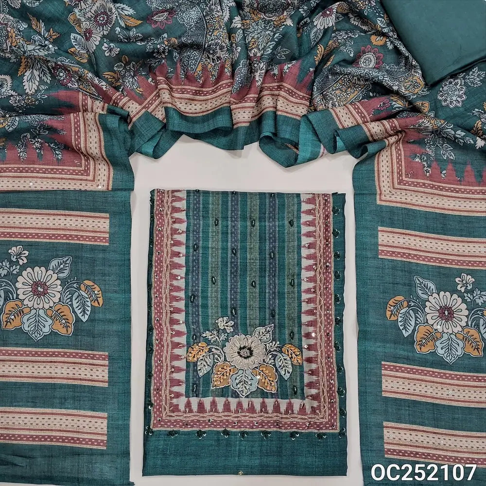 Digital printed Teal Green Premium tussar silk unstitched salwar material(thin, lining needed) embroidery work on yoke, matching santoon bottom, digital floral printed, sequence work on tussar silk dupatta. Oc252107