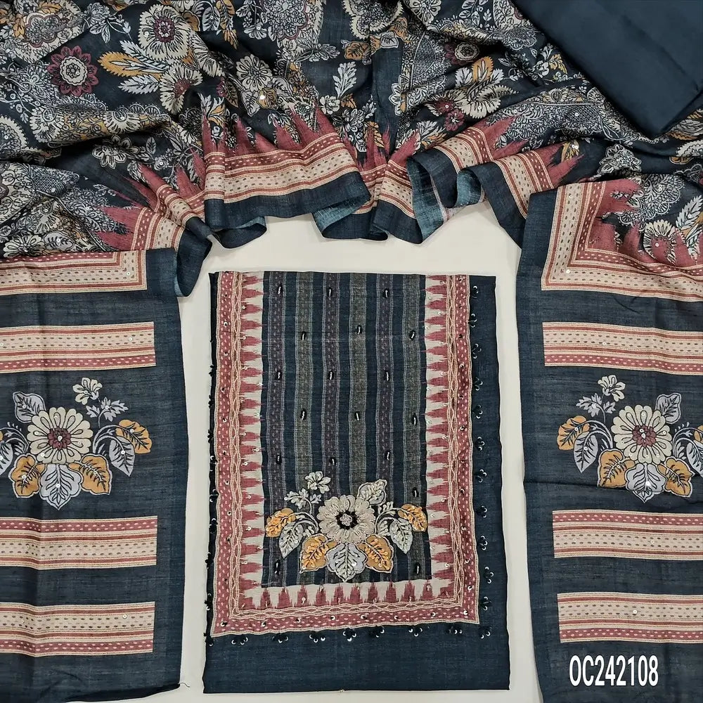 Digital printed Black Premium tussar silk unstitched salwar material(thin, lining needed) embroidery work on yoke, matching santoon bottom, digital floral printed, sequence work on tussar silk dupatta. Oc252108