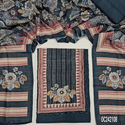 Digital printed Black Premium tussar silk unstitched salwar material(thin, lining needed) embroidery work on yoke, matching santoon bottom, digital floral printed, sequence work on tussar silk dupatta. Oc252108