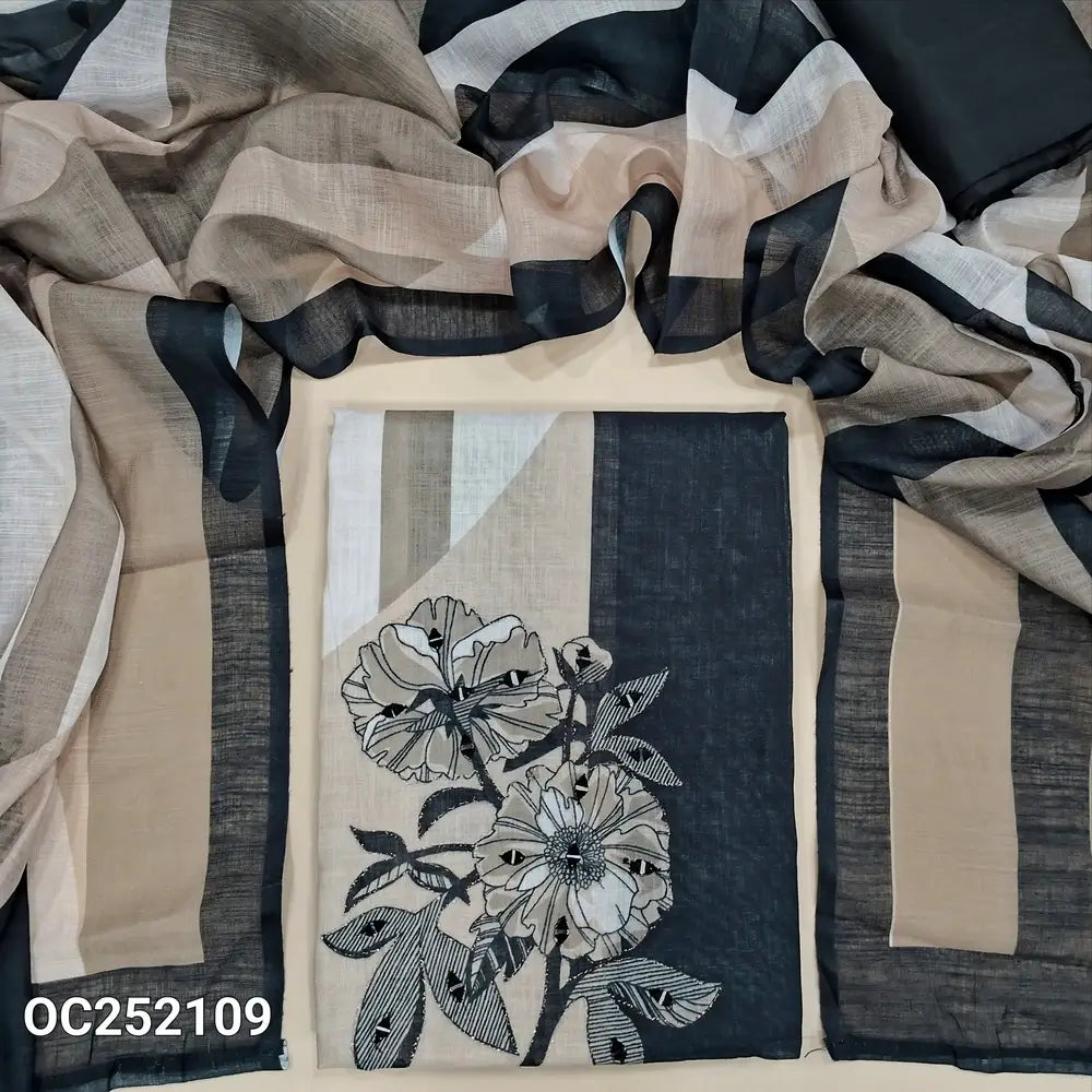 Abstract printed semi linen unstitched salwar material(thin, lining needed) real mirror work on front, black silk cotton bottom, abstract printed semi linen dupatta. OC252109