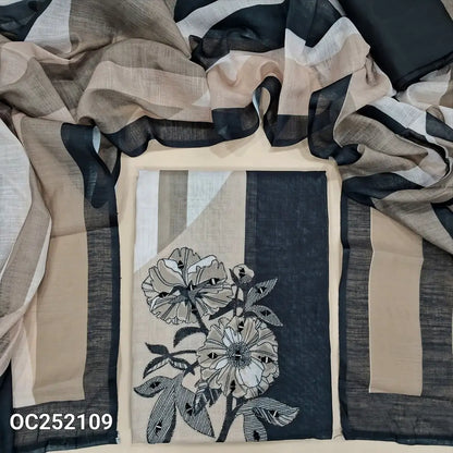 Abstract printed semi linen unstitched salwar material(thin, lining needed) real mirror work on front, black silk cotton bottom, abstract printed semi linen dupatta. OC252109