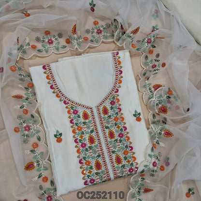 Half white soft silk cotton unstitched salwar material(thin, lining needed) embroidery work on yoke, matching silky bottom, embroidery work on fancy organza dupatta. OC252110