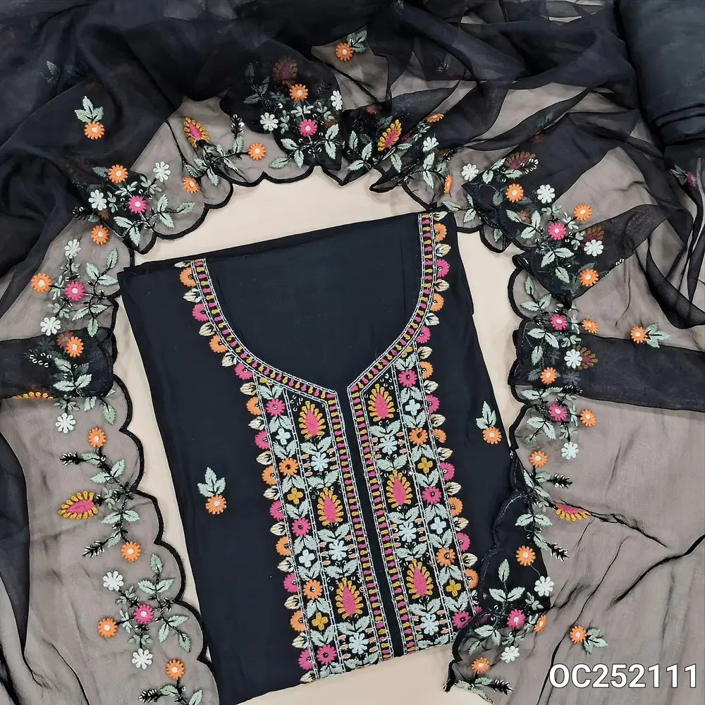 Black soft silk cotton unstitched salwar material(thin, lining needed) embroidery work on yoke, matching silky bottom, embroidery work on fancy organza dupatta. OC252111