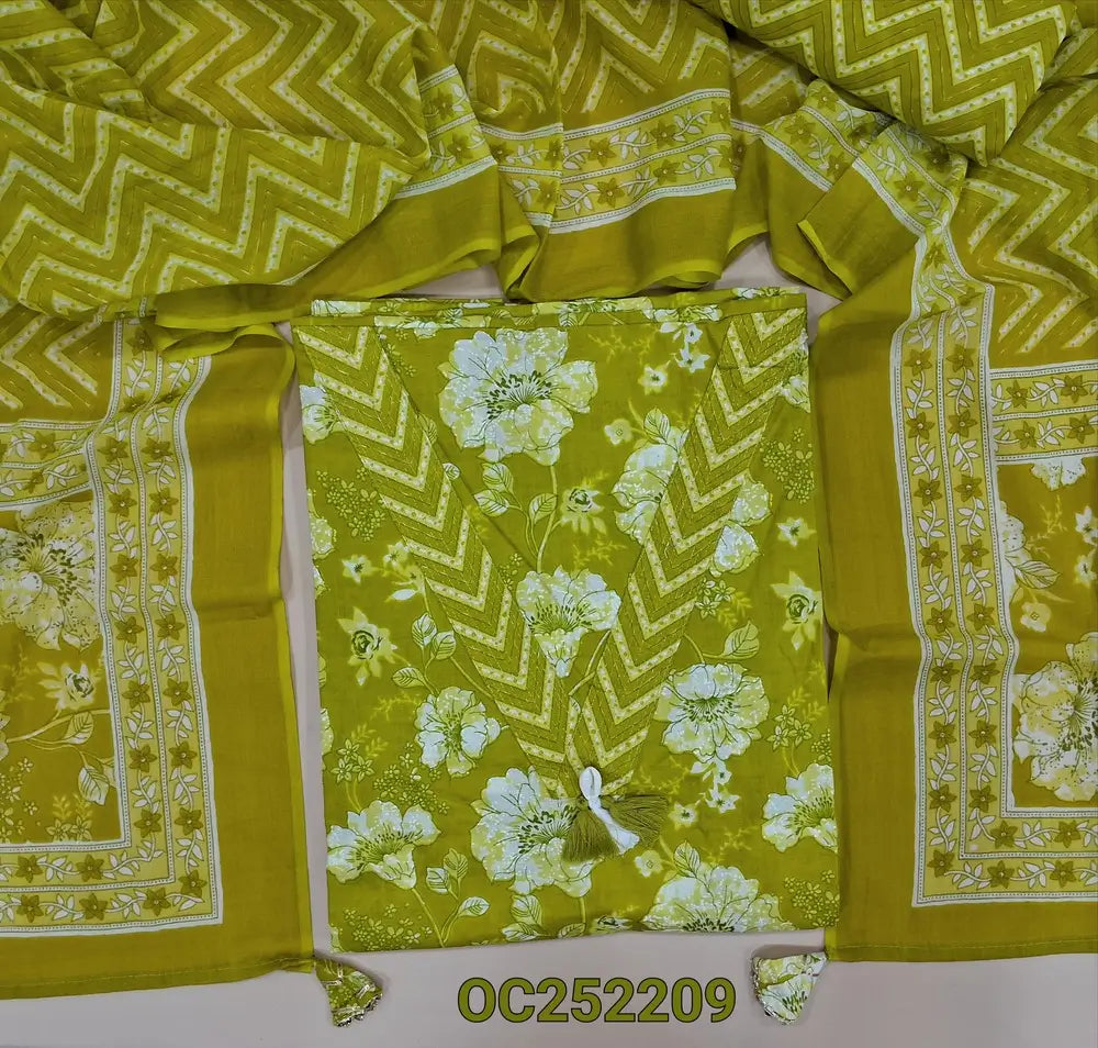 Mehandhi Green Printed pure cotton unstitched salwar material (lining optional) V neck, shell tassels on yoke, zigzag cotton bottom, printed  cotton full length dupatta. OC252209