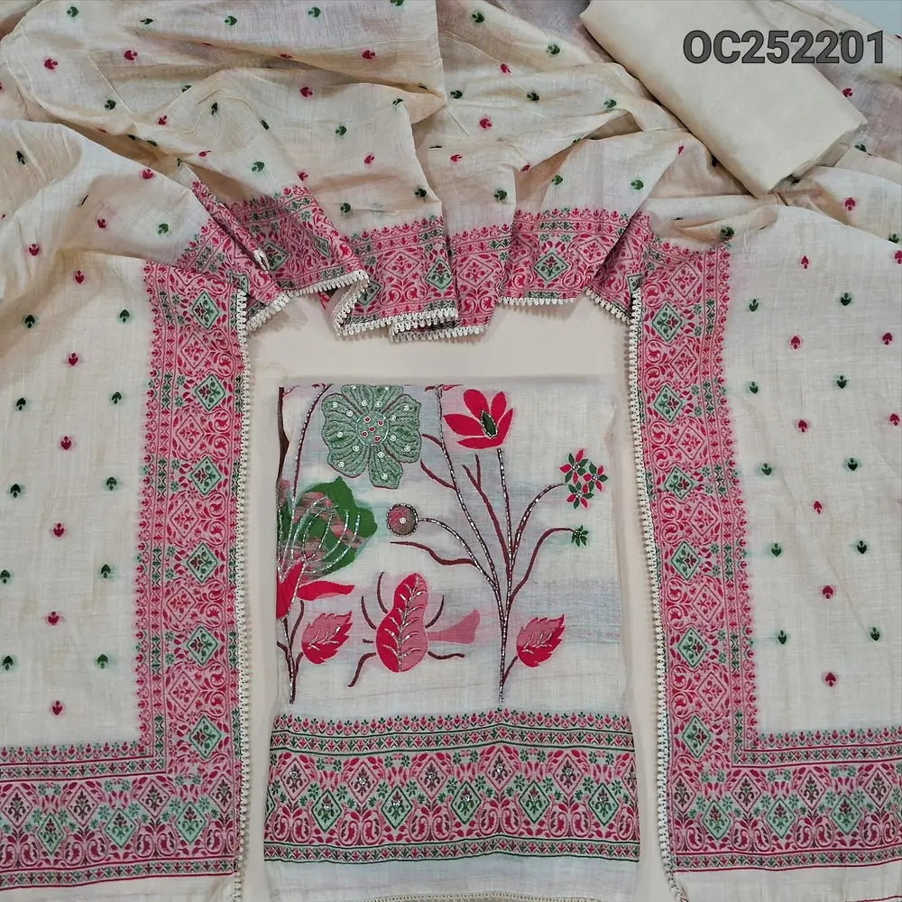 Light Beige soft silk cotton unstitched salwar material (thin, lining needed) heavy colorful thread weaving, bead work on front, matching santoon bottom, colorful thread weaving work on silk cotton shorth width dupatta with borders. OC252201