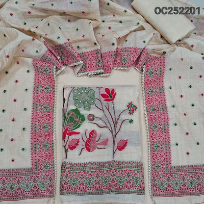 Light Beige soft silk cotton unstitched salwar material (thin, lining needed) heavy colorful thread weaving, bead work on front, matching santoon bottom, colorful thread weaving work on silk cotton shorth width dupatta with borders. OC252201