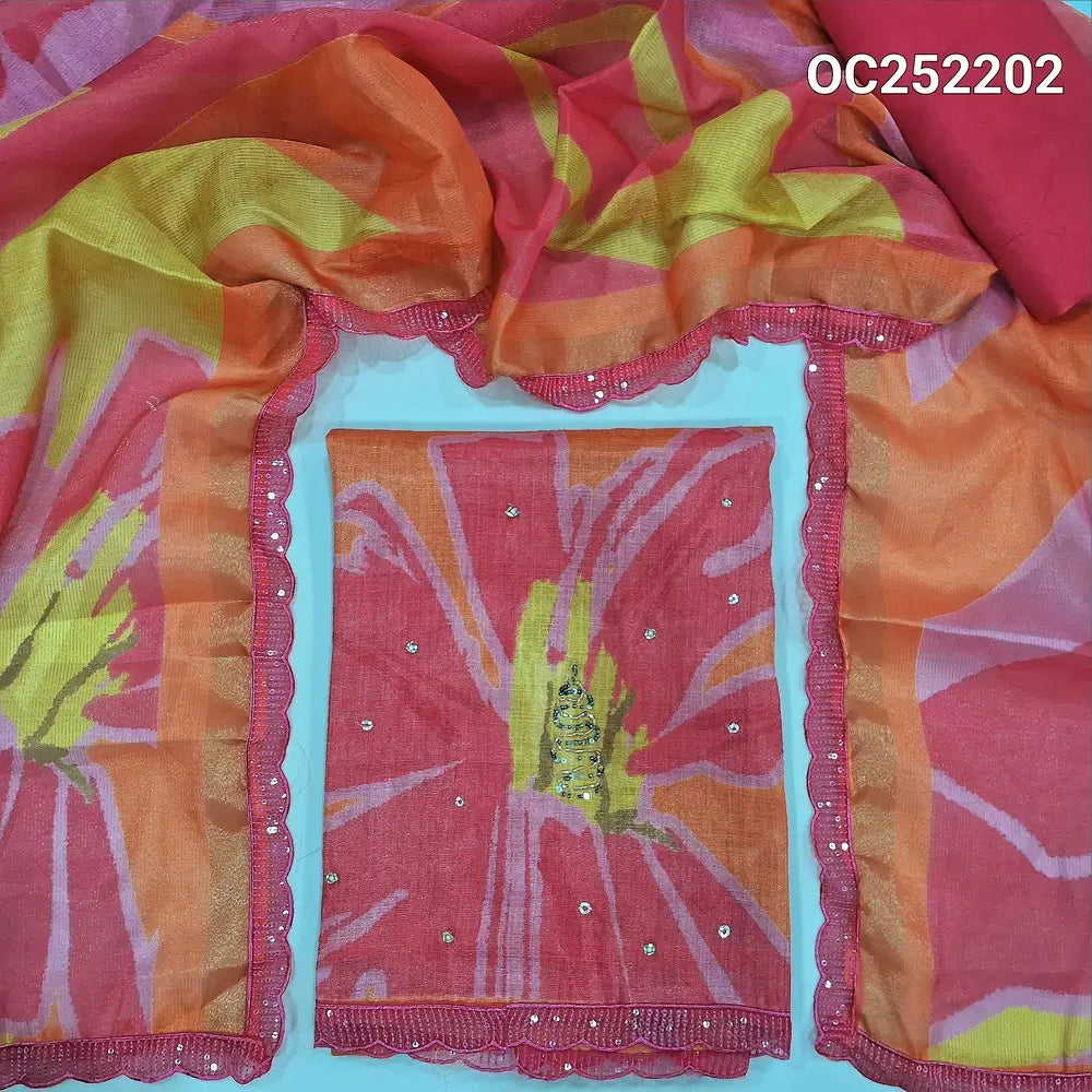 Light Orange tissue silk cotton unstitched salwar material (soft, lining needed) abstract print, cut, sugar bead work on front, pink spun cotton bottom, abstract printed tissue silk cotton dupatta with sequence & lace tapings. OC252202
