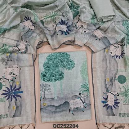 Digital printed pale Green silk cotton unstitched salwar material (thin, lining needed) pichwai printed in daman, matching santoon bottom, pichwai printed soft silk cotton dupatta. OC252204